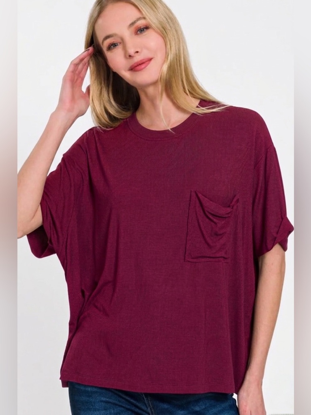 Oversized Ribbed Round Neck Short Sleeve Tee - Dark Red